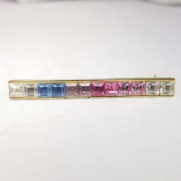 Vintage Givenchy Pastel Pink Blue Rhinestone Bar Brooch, Gold Tone, Signed Estat - Picture 7 of 7